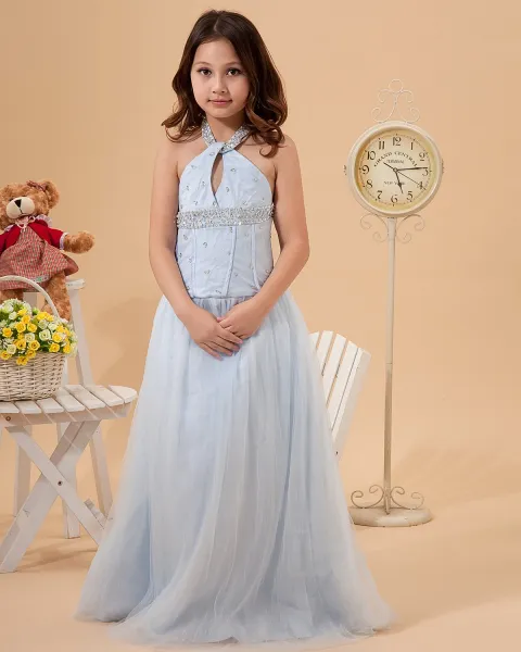 Tulle Halter Beading Floor Length Junior Bridesmaid Dresses