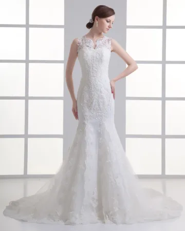 Tulle Perlage Applique V Cou Tribunal Train Robe De Mariée Sirène
