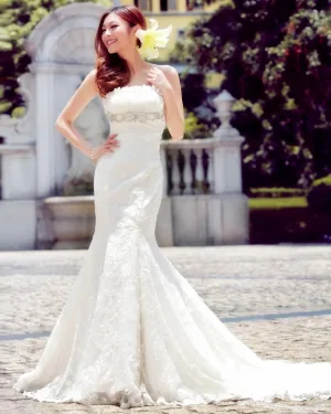 Satin Lace Beading Flower Ruffle Strapless Court Train Mermaid Wedding Dress