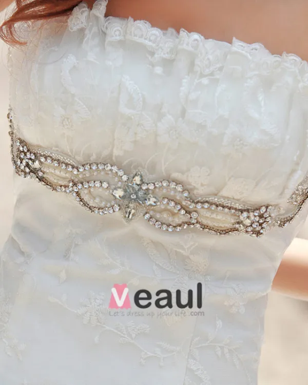 Satin Lace Beading Flower Ruffle Strapless Court Train Mermaid Wedding Dress