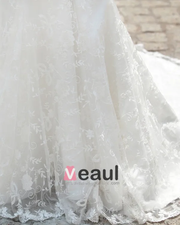 Satin Lace Beading Flower Ruffle Strapless Court Train Mermaid Wedding Dress