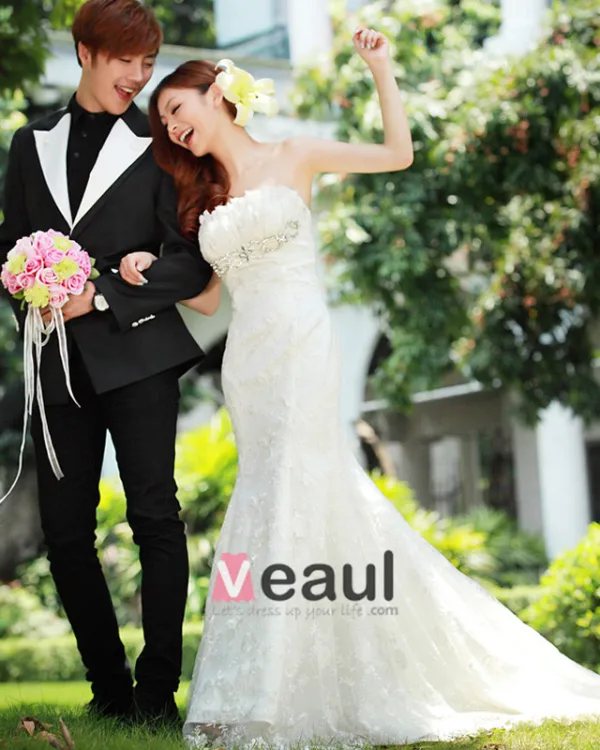 Satin Lace Beading Flower Ruffle Strapless Court Train Mermaid Wedding Dress