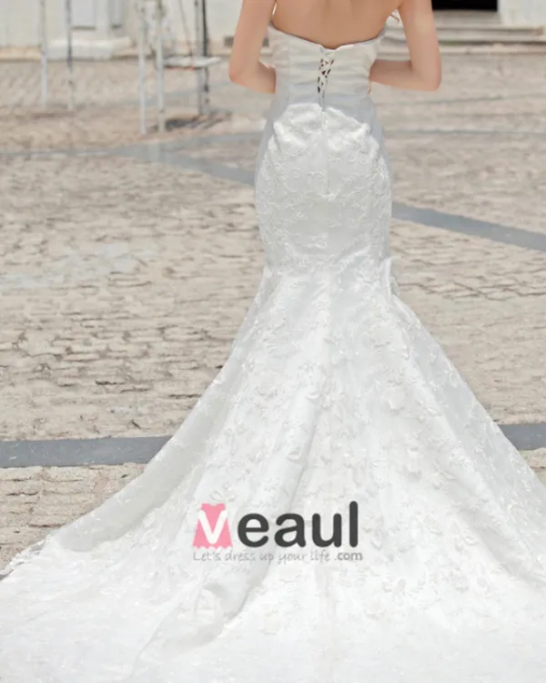 Satin Lace Beading Flower Ruffle Strapless Court Train Mermaid Wedding Dress