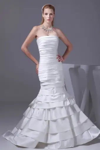 Satin De Soie Plissee Etage Longueur Robe De Mariée Sirène Bustier De Mode