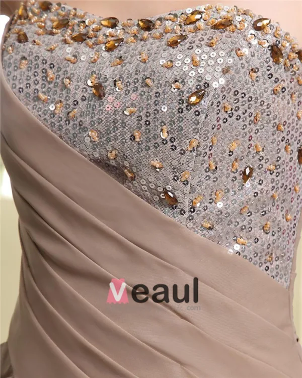 Fold Stroppelos Hals Paljett Beading Kort Chiffon A-linje Kvinne Cocktail Kjoler Festkjoler