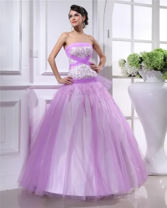 Ball Gown Strapless Floor Length Mesh Quinceanera Prom Dresses