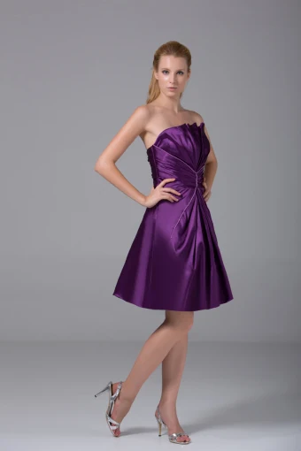 Modest Strapless Thigh Length Beading Pleated Imitation Silk Bridesmaid Dress
