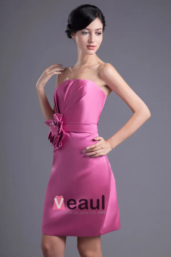 Fashion Satin Pleated Flower Strapless Thigh Length Bridesmaid Dress