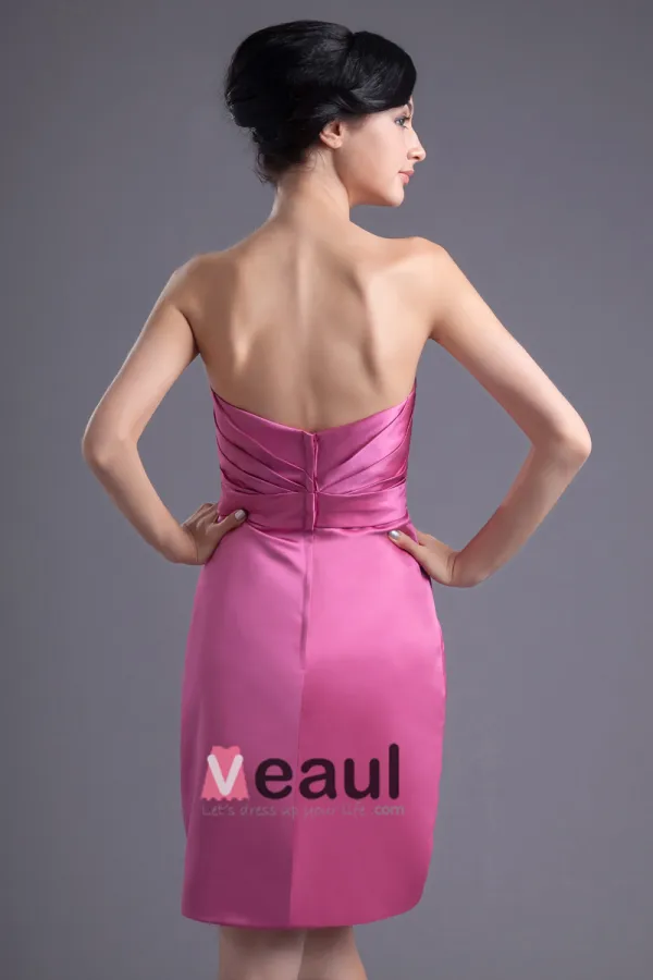 Fashion Satin Pleated Flower Strapless Thigh Length Bridesmaid Dress