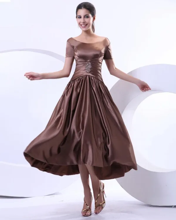 Satin Ruffle Round Neck Tea Length Mothers of Bride Guests Dress