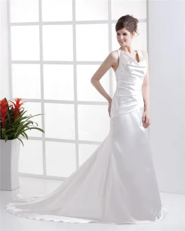 U Cou En Forme Applique Ondule Traverse La Ceinture De Longueur De Plancher Charmeuse Femme Robe De Mariée Fourreau