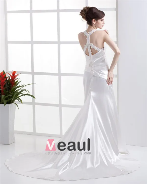 U Cou En Forme Applique Ondule Traverse La Ceinture De Longueur De Plancher Charmeuse Femme Robe De Mariée Fourreau