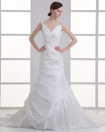 Taffeta Applique Beading V Neck Court Train Mermaid Wedding Dress