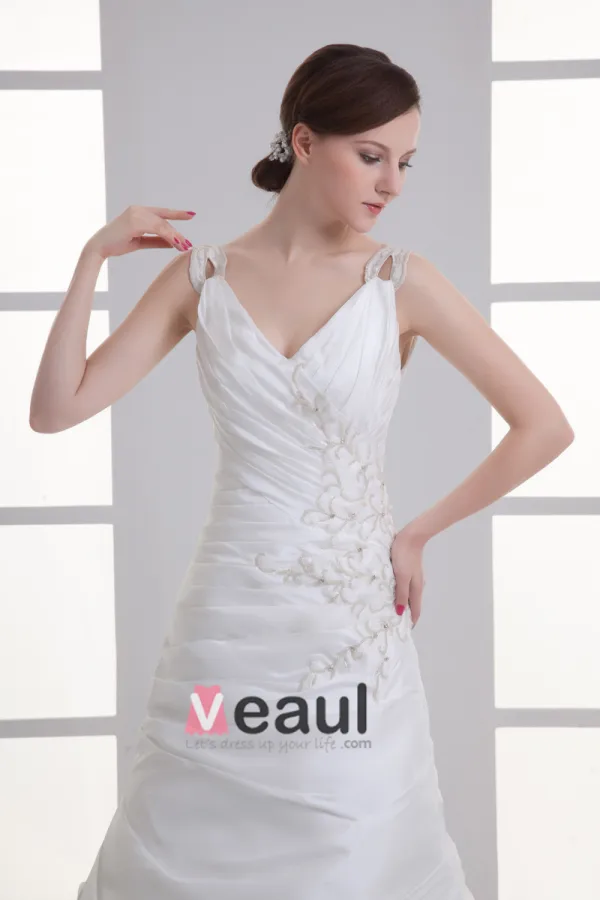 Taffeta Applique Beading V Neck Court Train Mermaid Wedding Dress