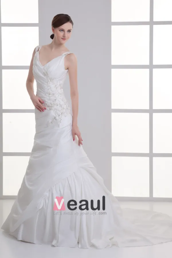 Taffeta Applique Beading V Neck Court Train Mermaid Wedding Dress