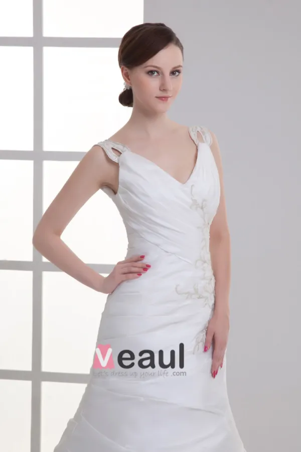 Taffeta Applique Beading V Neck Court Train Mermaid Wedding Dress