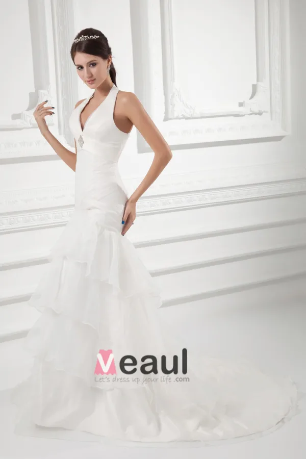 Organza Ruffle Halter Court Train Tiered Mermaid Wedding Dress