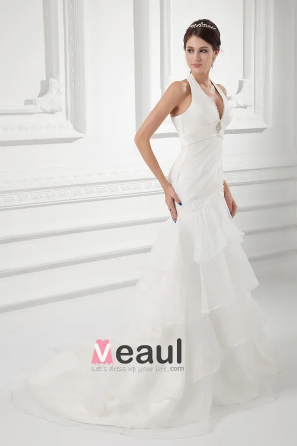 Organza Ruffle Halter Court Train Tiered Mermaid Wedding Dress