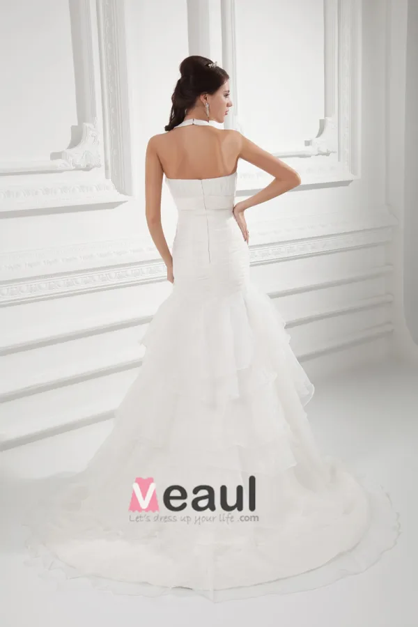 Organza Ruffle Halter Court Train Tiered Mermaid Wedding Dress