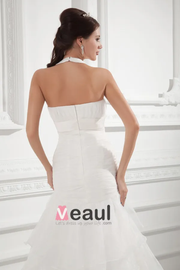 Organza Ruffle Halter Court Train Tiered Mermaid Wedding Dress