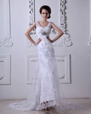 Satin Tulle V Cou Applique Perles Tribunal Gaine Nuptiale Robe De Mariée Robe De Bal