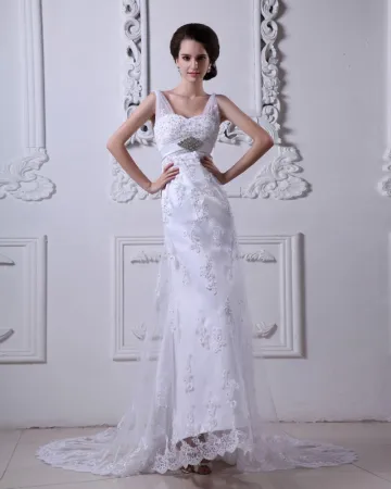 Satin Tulle V Cou Applique Perles Tribunal Gaine Nuptiale Robe De Mariée Robe De Bal
