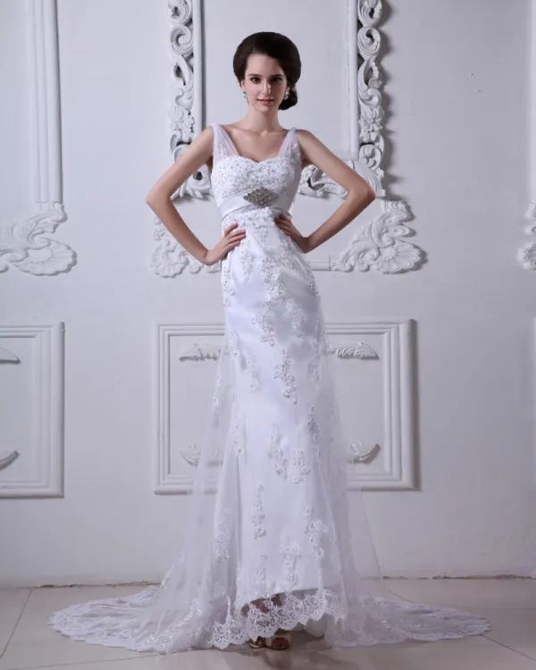 Satin Mit V-ausschnitt Applique Gericht Mantel Brautkleider Hochzeitskleid