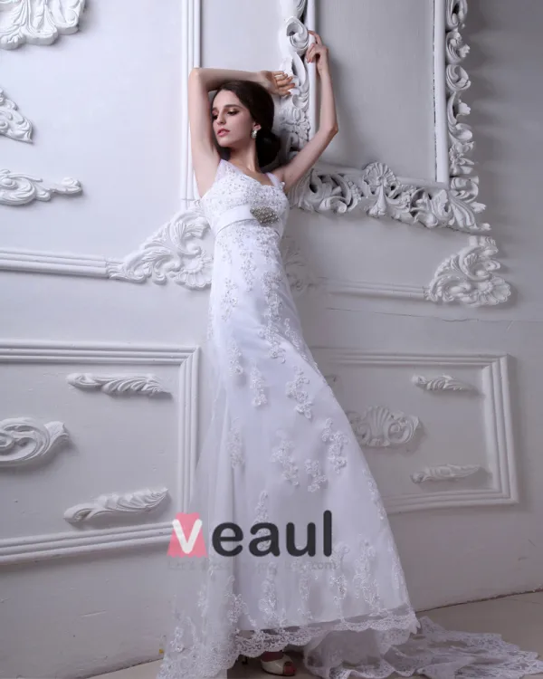 Satin Mit V-ausschnitt Applique Gericht Mantel Brautkleider Hochzeitskleid