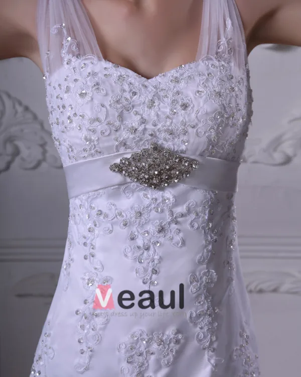 Satin Mit V-ausschnitt Applique Gericht Mantel Brautkleider Hochzeitskleid