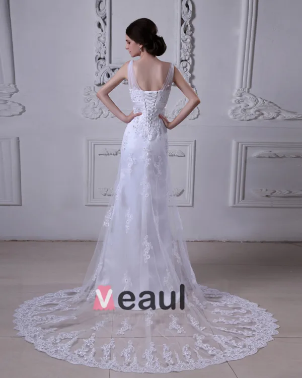 Satin Mit V-ausschnitt Applique Gericht Mantel Brautkleider Hochzeitskleid