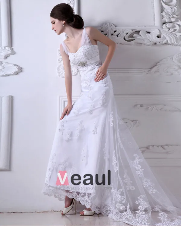 Satin Mit V-ausschnitt Applique Gericht Mantel Brautkleider Hochzeitskleid