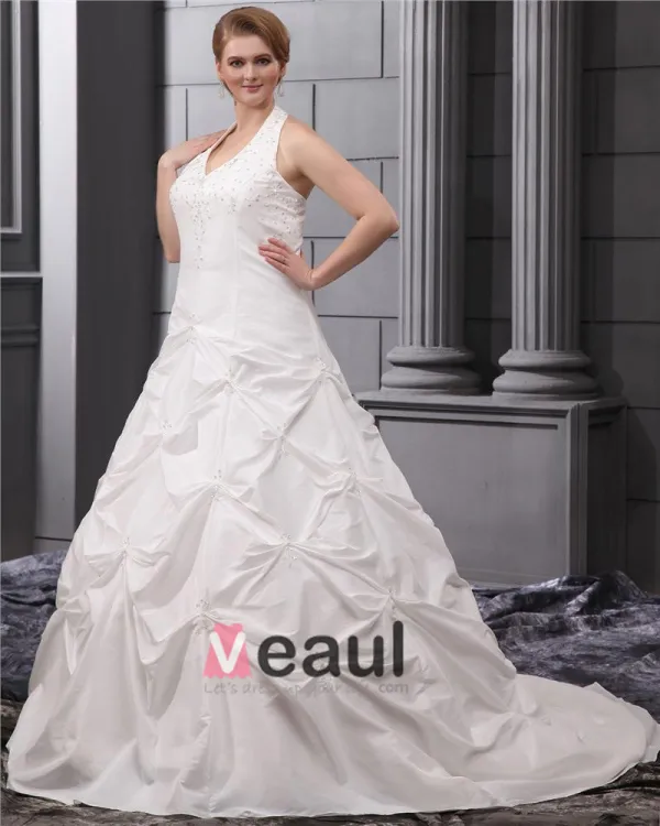 Beading Halter Taffeta Court Plus Size Bridal Gown Wedding Dress