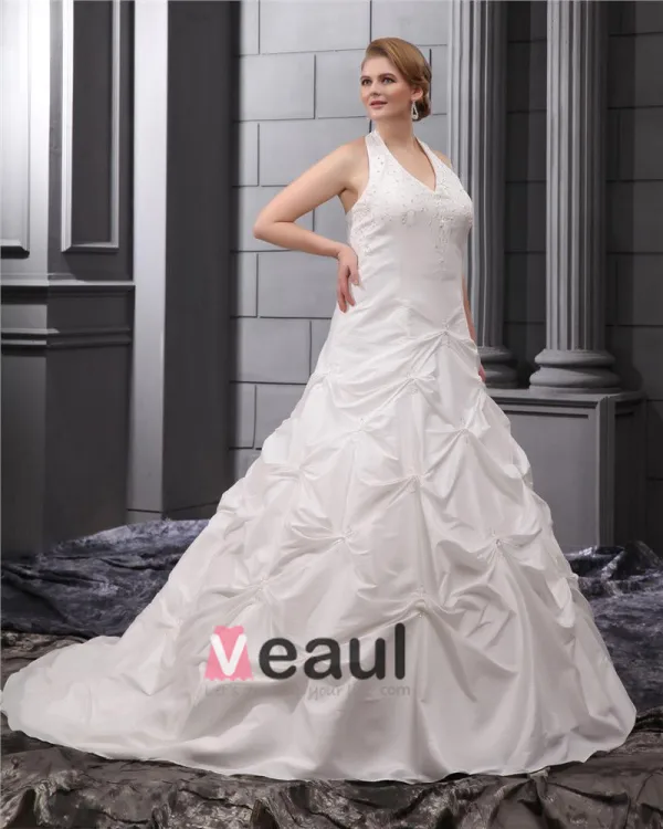 Beading Halter Taffeta Court Plus Size Bridal Gown Wedding Dress