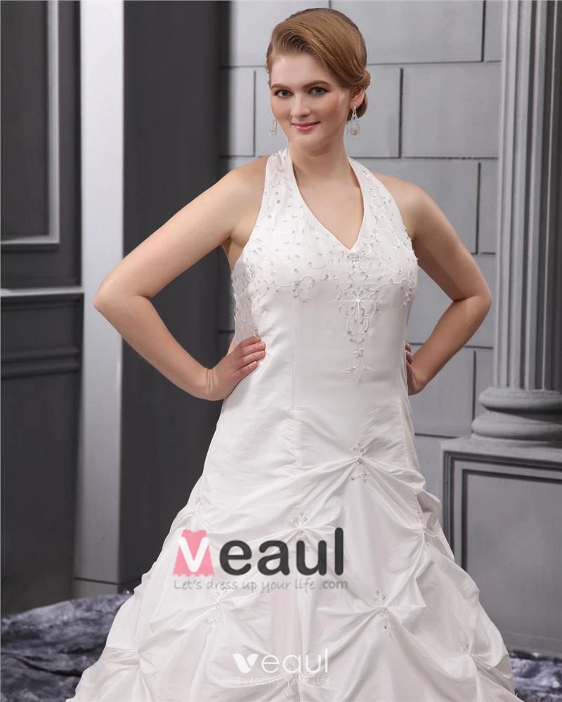 Beading Halter Taffeta Court Plus Size Bridal Gown Wedding Dress