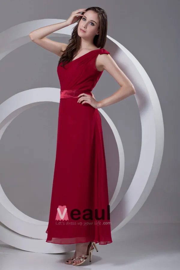One Shoulder Pleated Ankle Length Chiffon Woman Bridesmaid Dress