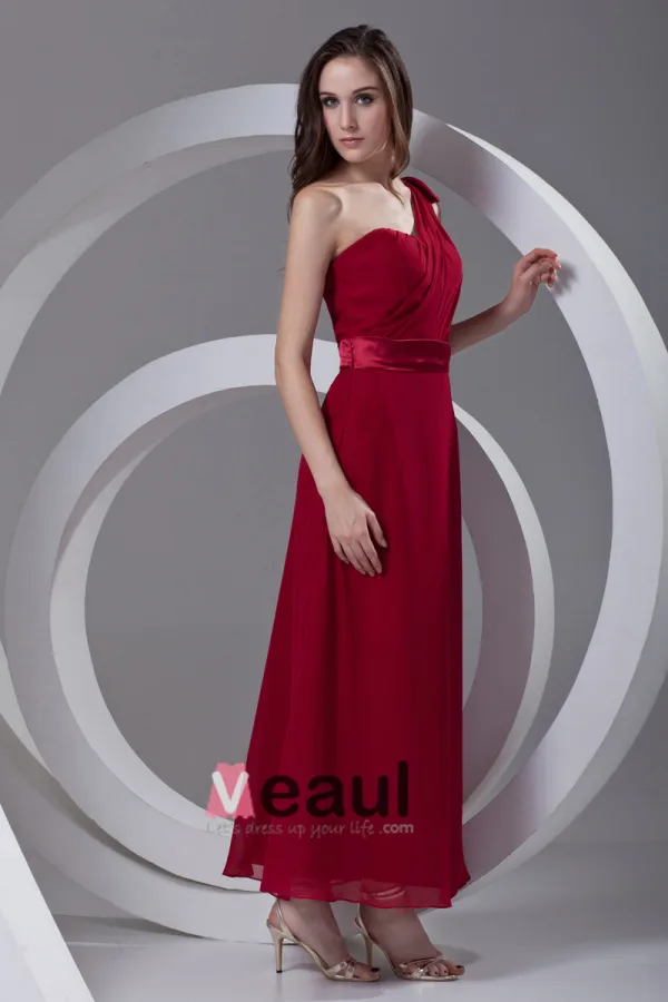 One Shoulder Pleated Ankle Length Chiffon Woman Bridesmaid Dress