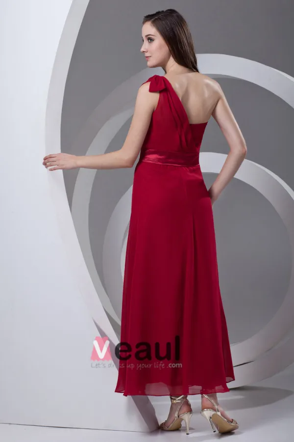 One Shoulder Pleated Ankle Length Chiffon Woman Bridesmaid Dress