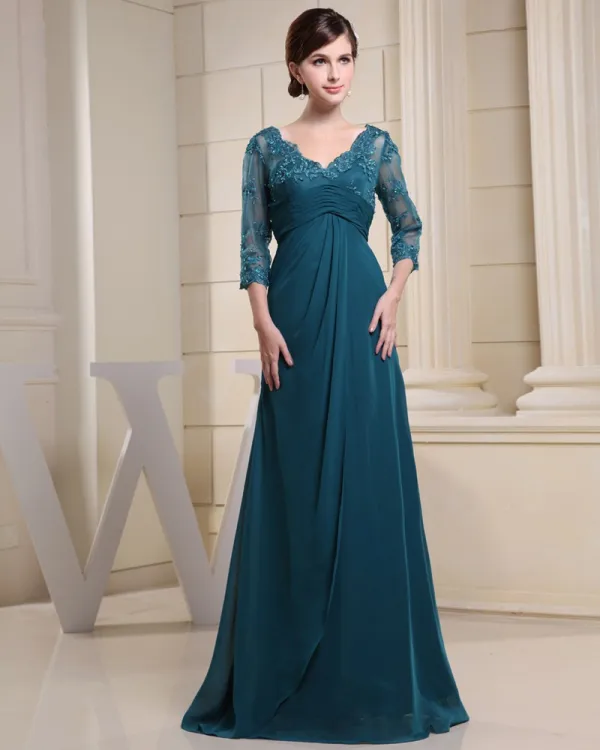 Chiffon Silke Beading Plissert V Hals Gulv Lengde Mor Til Bruden Kjole