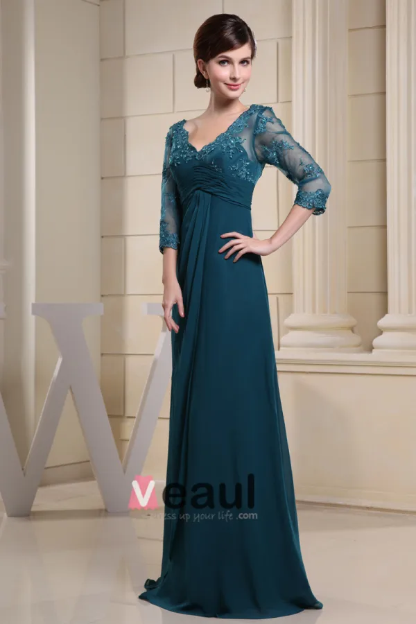 Chiffon Silk Beading Pleated V Neck Floor Length Mother of the Bride Dress