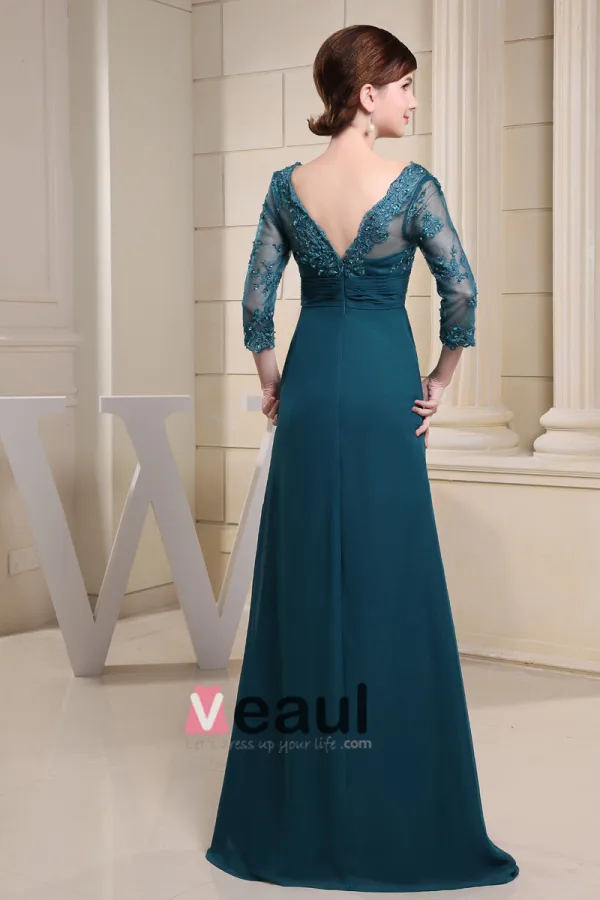 Chiffon Silk Beading Pleated V Neck Floor Length Mother of the Bride Dress