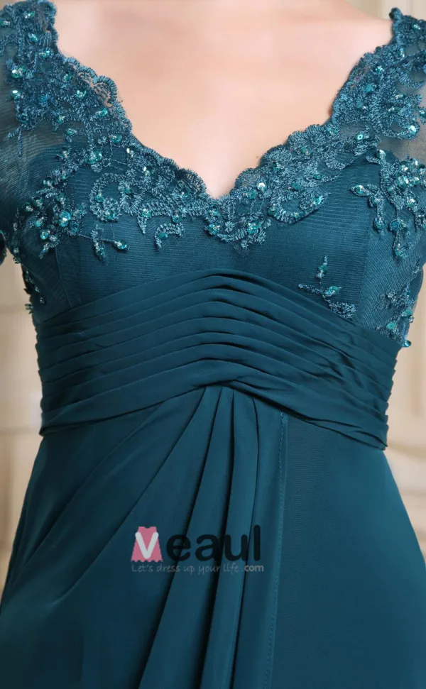 Chiffon Silk Beading Pleated V Neck Floor Length Mother of the Bride Dress