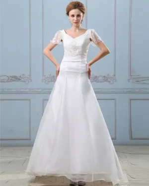 Applique Met Korte Mouwen V Hals Satijn Organza Schede Bruidsjurken Trouwjurken