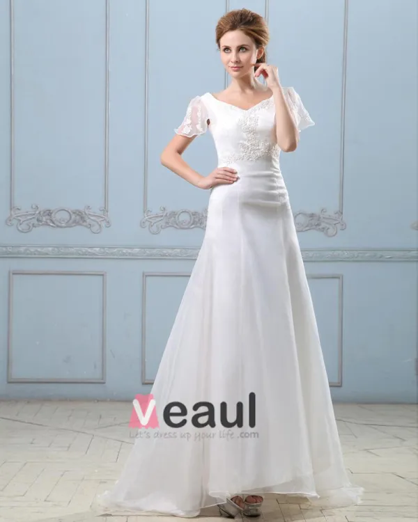 Applique Short Sleeve V Neck Satin Organza Sheath Wedding Dress
