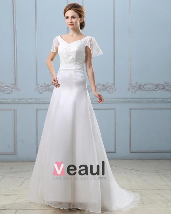 Applique Short Sleeve V Neck Satin Organza Sheath Wedding Dress