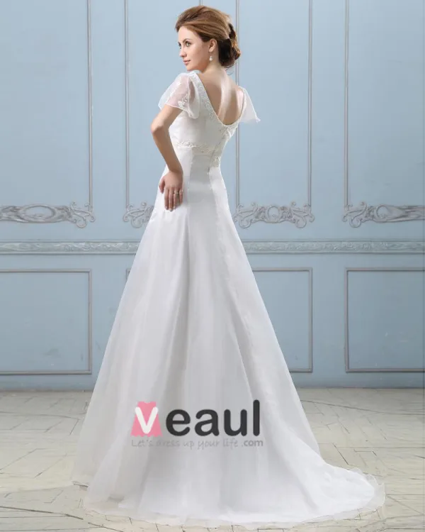Applique Short Sleeve V Neck Satin Organza Sheath Wedding Dress