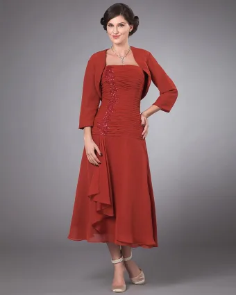 Elegant Chiffon Ruffles Beads Square Neck Tea Length Mothers Of Bride Guests Dress