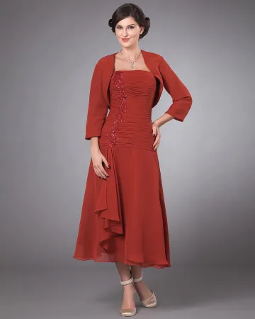 Eleganter Chiffon Rüschen Perlen Quadratischen Ausschnitt Tee Langen Mutter Der Braut Kleid