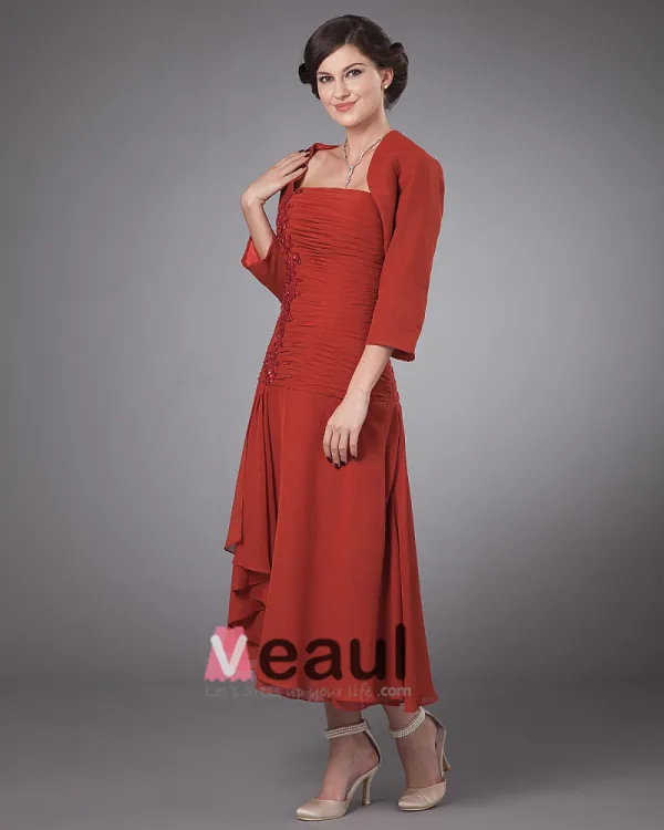 Elegante Chiffon Ruches Kralen Vierkante Hals Thee Lengte Moeder Van De Bruid Gasten Jurk