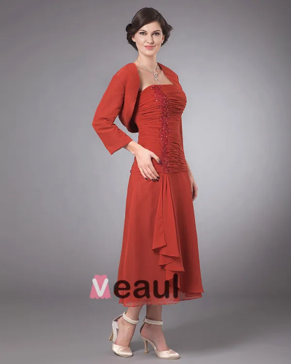 Elegante Chiffon Ruches Kralen Vierkante Hals Thee Lengte Moeder Van De Bruid Gasten Jurk