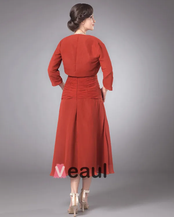 Elegante Chiffon Ruches Kralen Vierkante Hals Thee Lengte Moeder Van De Bruid Gasten Jurk